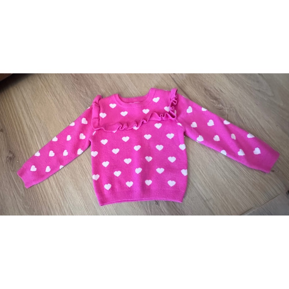 Girls Pink Heart Print Ruffle Trim Knit Sweater Long Sleeve Crew Neck Top